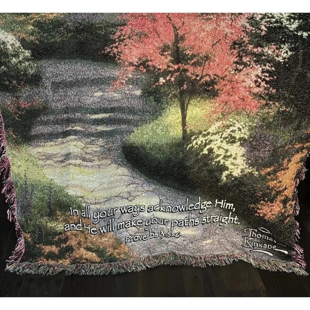 Thomas Kinkade Tapestry Throw Blanket Proverbs 3:5-6 Floral Landscape NWT